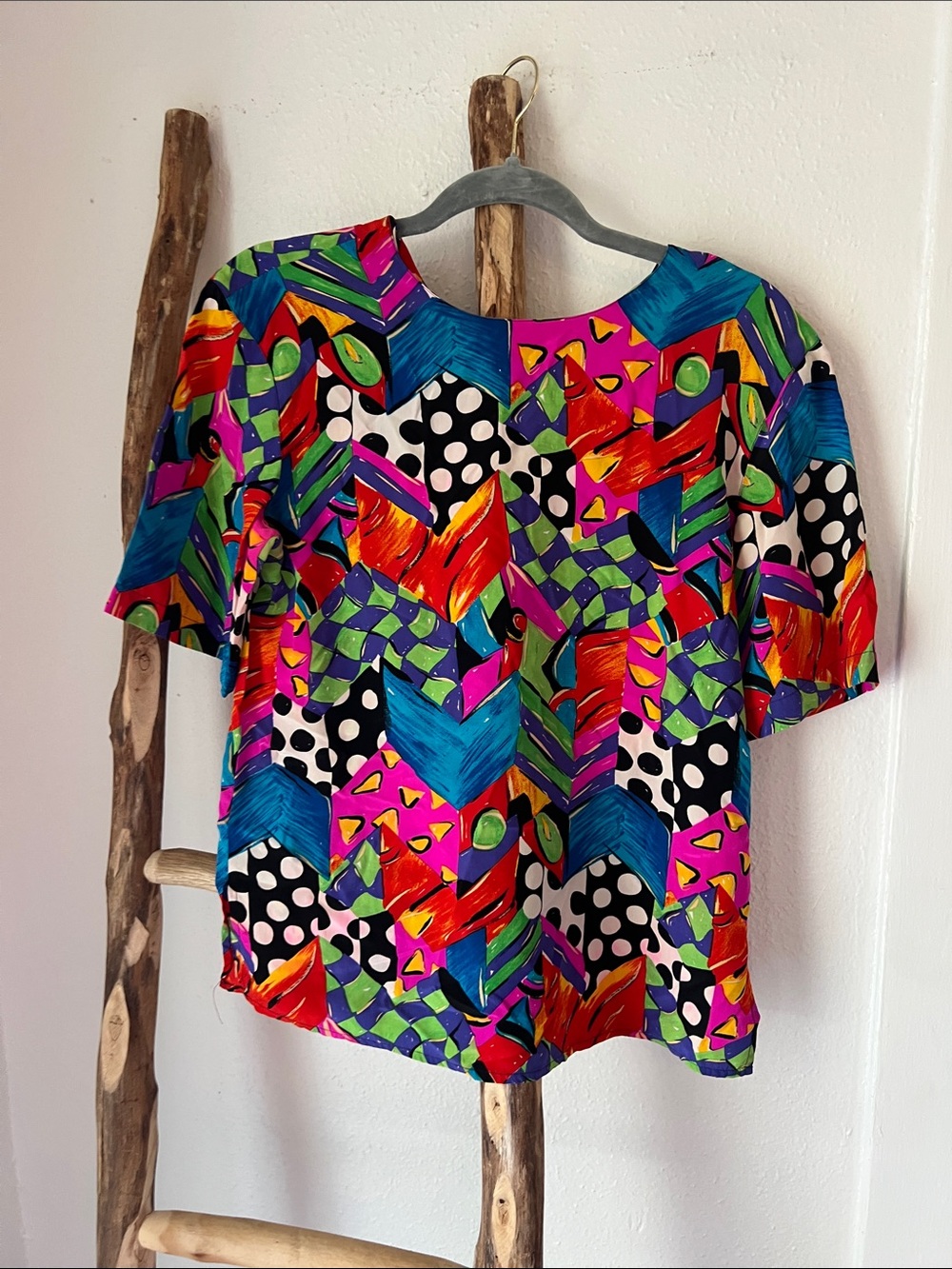 80s Vintage Pat Argenti Vibrant Geometric Print Polka Dot Short Sleeve Top M